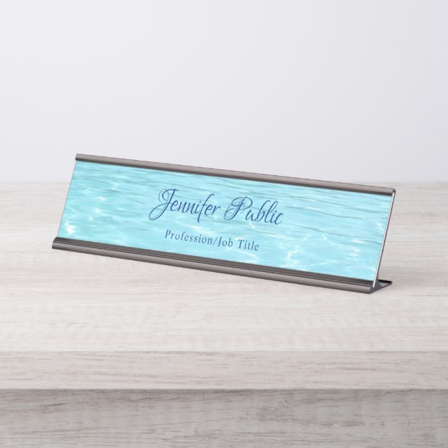 Aqua Elegant Blue Water Handwritten Template Desk Name Plate (Front)
