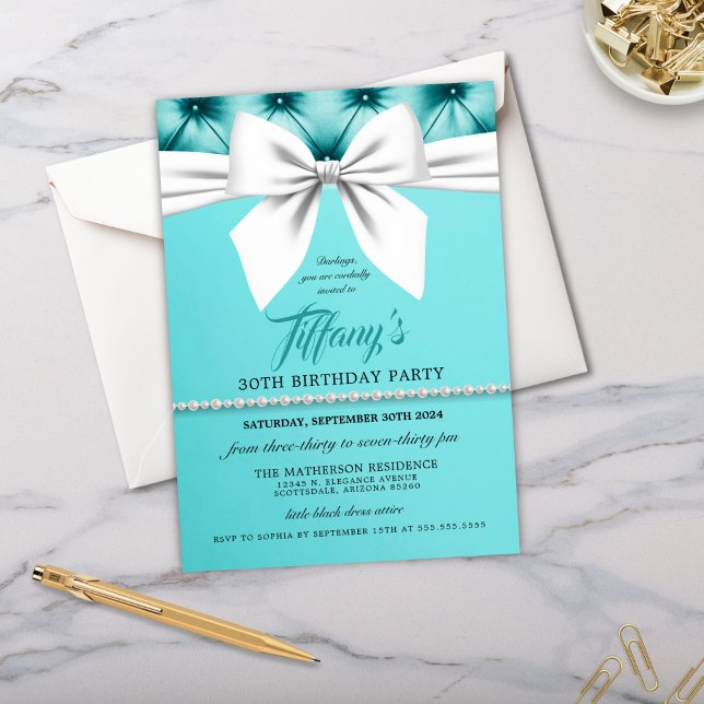 Aqua Elegant Chic Tiffany Birthday Invitation (elegant aqua blue girly chic birthday party invitation for bougie fancy 30th, sweet 16 or any event)