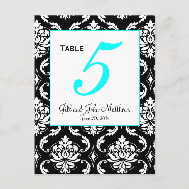 Aqua Elegant Damask Wedding Table Number Card (Front)