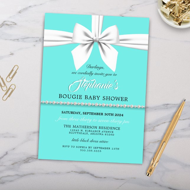 Aqua Elegant Fancy Tiffany Baby Shower Invitation (Aqua Tiffany Theme Elegant Baby Shower Invitations with Pearls and White Bow)