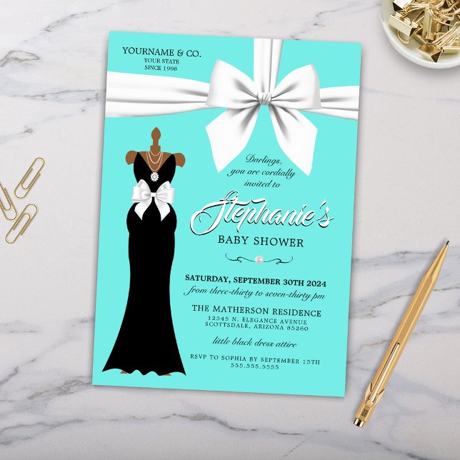 Aqua Elegant Fashion Ethnic Tiffany Baby Shower Invitation (Elegant Ethnic Tiffany Theme Baby Shower Invitation with Pearls and White Bow and Little Black Dress)