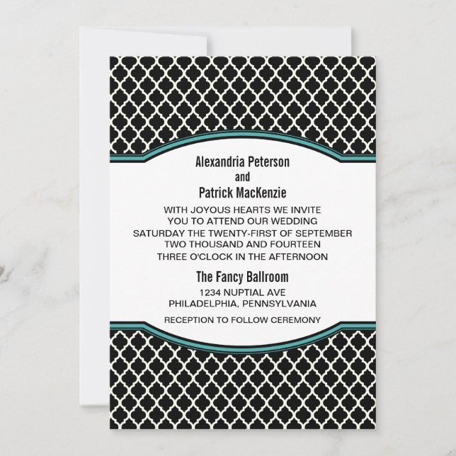 Aqua Elegant Quatrefoil Wedding Invite (Front)