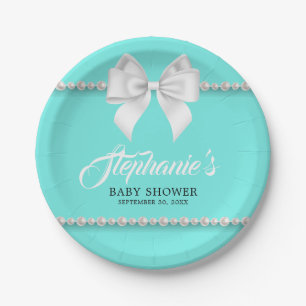 Aqua Elegant Tiffany Pearls Bow Fancy Baby Shower Paper Plate