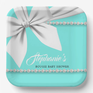 Aqua Elegant Tiffany Pearls Fancy Baby Shower Paper Plate