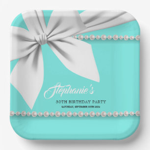 Aqua Elegant Tiffany Pearls Fancy Party Tableware Paper Plate