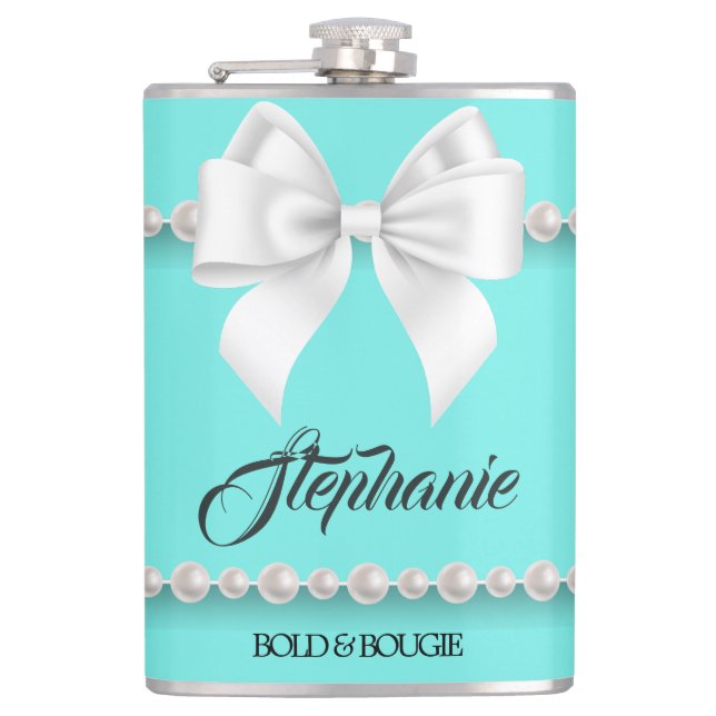 Aqua Elegant Tiffany Pearls Girly Fancy Bougie Hip Flask (Front)