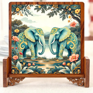 Aqua Elephants Ceramic Tile