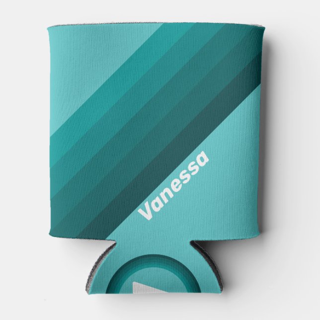 Aqua Fade Stripes with Name Can Cooler (Front)