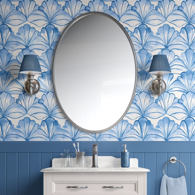 Aqua Fan Breeze - Blue, White - Coastal Wallpaper (Watercolor Sea Fan Harmony Peel and Stick Wallpaper )