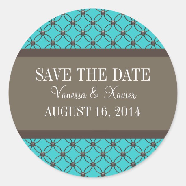 Aqua Fancy Lattice Save the Date Stickers (Front)