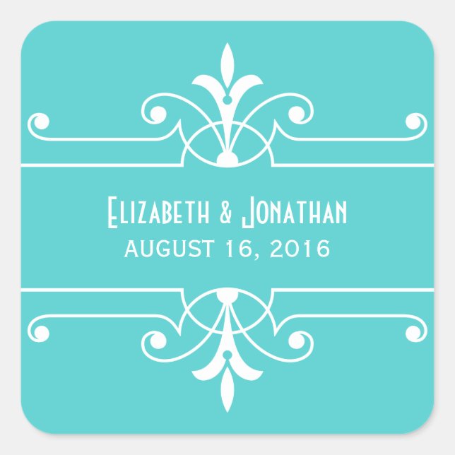 Aqua Fancy Ornamental Wedding Stickers (Front)