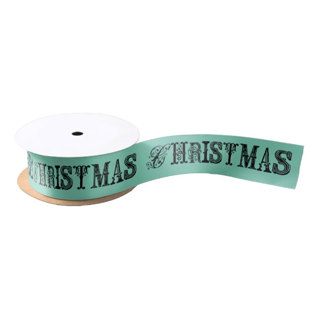 Aqua Fancy Text Christmas Ribbon Satin Ribbon (Spool)