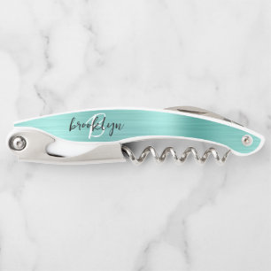 Aqua Faux Brushed Metal Monogram Script Corkscrew