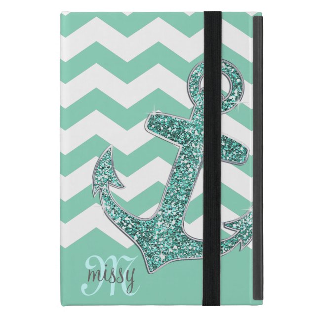 Aqua Faux Glitter Anchor Chevron Personalised Case For iPad Mini (Front Closed)