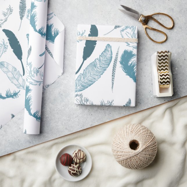 Aqua Feathers Wrapping Paper (Crafts)