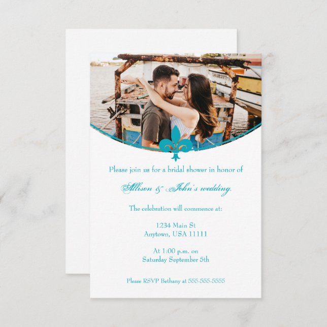 Aqua Fleur de Lis Photo Bridal Shower Invite (Front/Back)