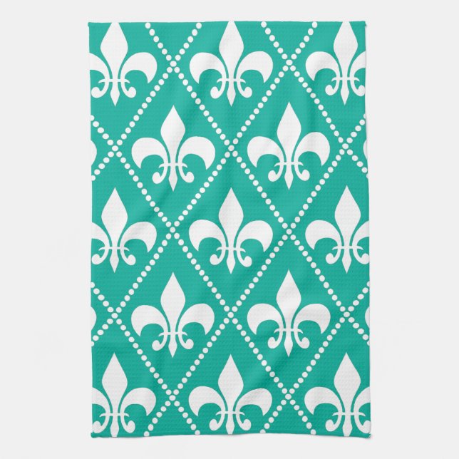 Aqua Fleur de Lis Tea Towel (Vertical)