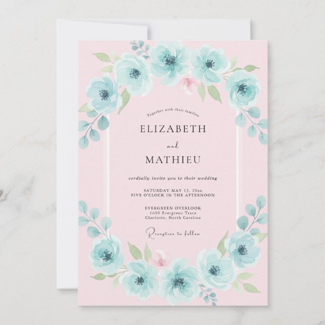 Aqua Floral Arch Wedding Invitation (Front)