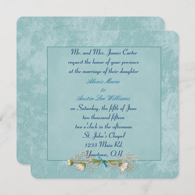 Aqua Floral Embossed Wedding invitation (Front/Back)