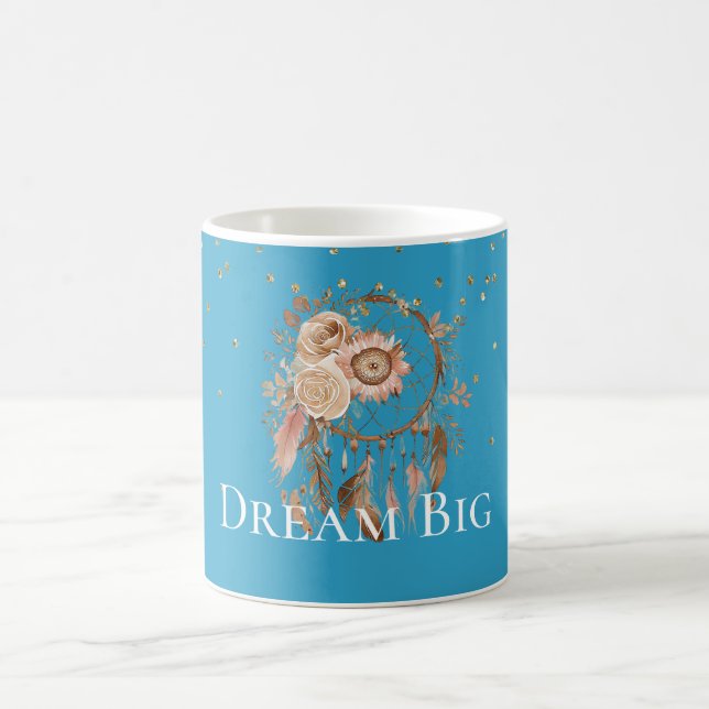 Aqua Floral Feathers Dream Catcher Coffee Mug (Center)