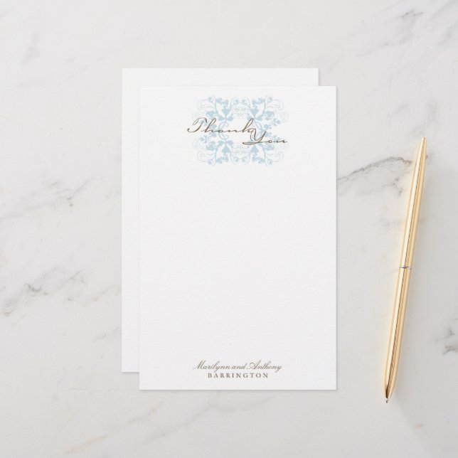Aqua Floral Flourish Elegant Wedding Thank You Stationery (Front/Back In Situ)