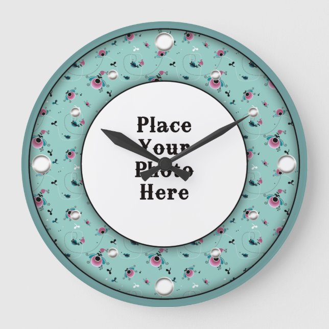 Aqua Floral Frame Your Photo Wall Clock (Front)