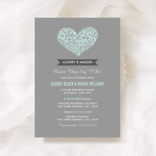 Aqua Floral Heart Monogram Rehearsal Dinner Invitation