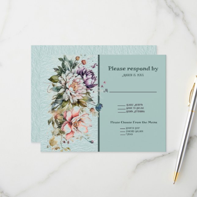 Aqua Floral Lawn Wedding RSVP Card (Front/Back In Situ)