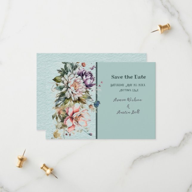Aqua Floral Lawn Wedding Save The Date (Front/Back In Situ)