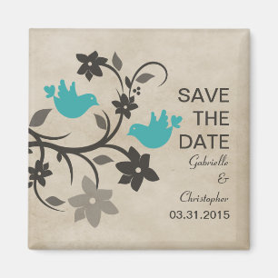 Aqua Floral Lovebirds Save the Date Magnet