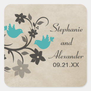 Aqua Floral Lovebirds Wedding Stickers