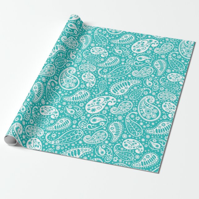 Aqua Floral Paisely Pattern Wrapping Paper (Unrolled)