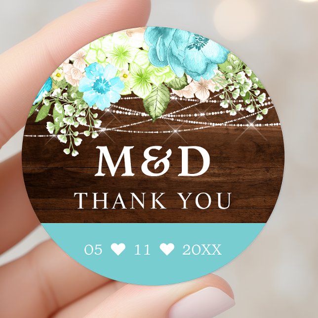 Aqua Floral String Lights Rustic Thank You Wedding Classic Round Sticker (Creator Uploaded)