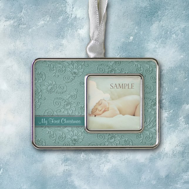 Aqua Floral Swirl Baby First Christmas Silver Plated Framed Ornament (Creator Uploaded)