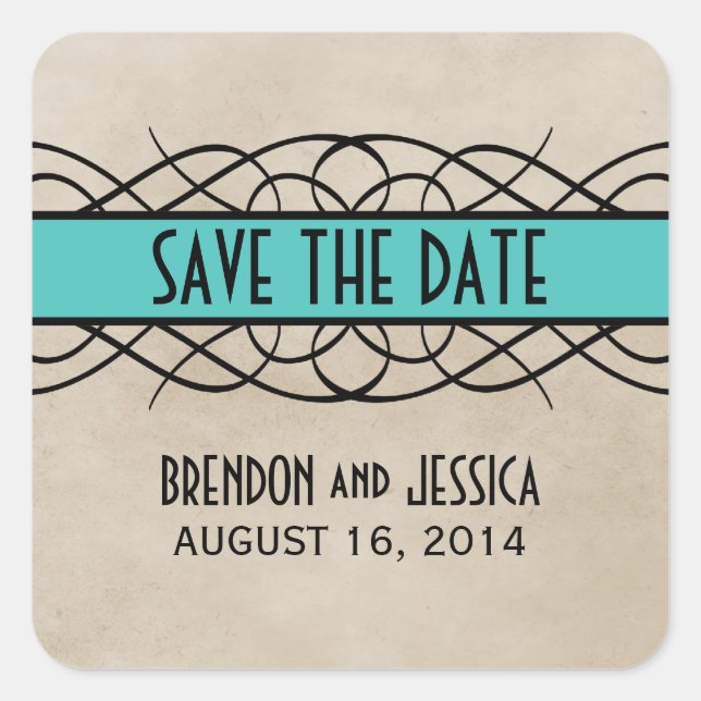 Aqua Flourish Border Save the Date Stickers (Front)