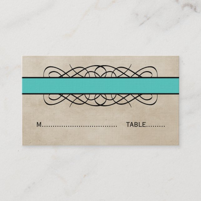 Aqua Flourish Border Wedding Place Card (Front)
