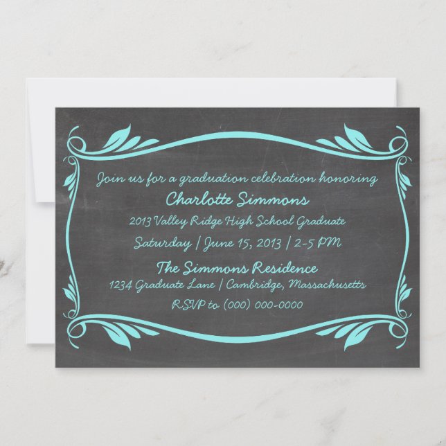Aqua Flourish Chalkboard Graduation Invite (Front)