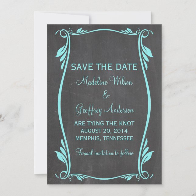Aqua Flourish Chalkboard Save the Date Invite (Front)