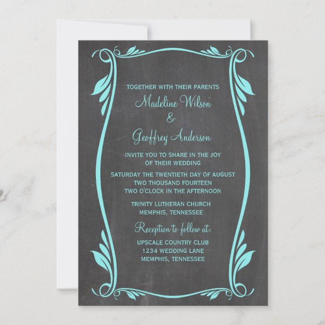 Aqua Flourish Chalkboard Wedding Invite (Front)