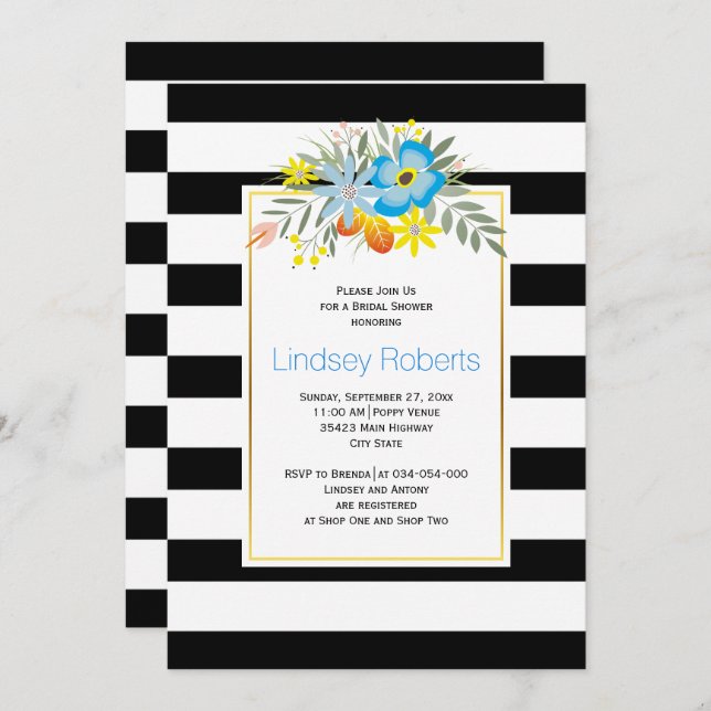 Aqua flowers and stripes wedding bridal shower invitation (Front/Back)