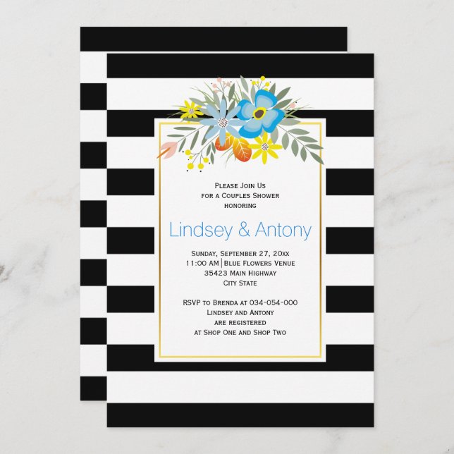 Aqua flowers and stripes wedding couple's shower invitation (Front/Back)