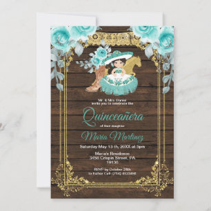 Aqua Flowers Princess Quinceañera Mexican  Invitation