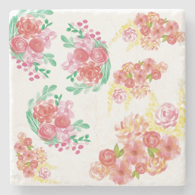 Aqua flowers stone coaster (Front)