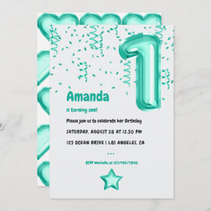 Aqua Foil Balloon and Confetti 1st Birthday Invitation
