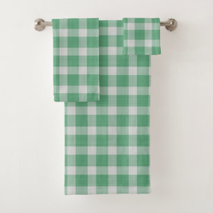 Aqua Forest Green & white Checkered gingham Plaid Bath Towel Set