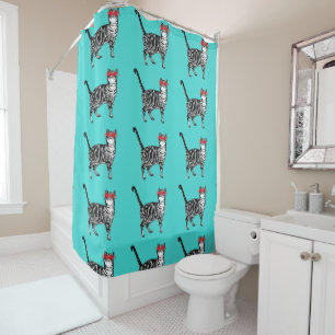 Aqua Funny Tabby Cat Sunglasses Art Shower Curtain