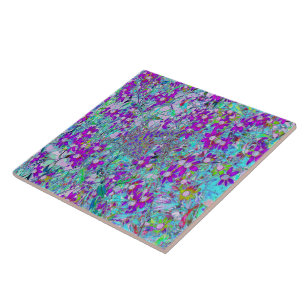 Aqua Garden with Violet Blue and Hot Pink Flowers Ceramic Tile
