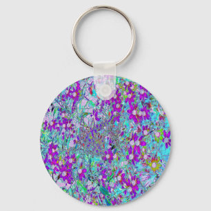 Aqua Garden with Violet Blue and Hot Pink Flowers Key Ring