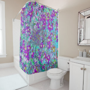 Aqua Garden with Violet Blue and Hot Pink Flowers Shower Curtain
