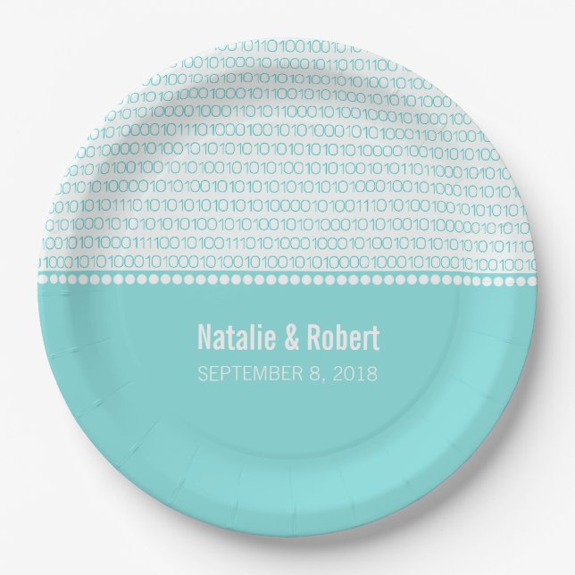 Aqua Geek Chic Binary Code Paper Plates (Front)